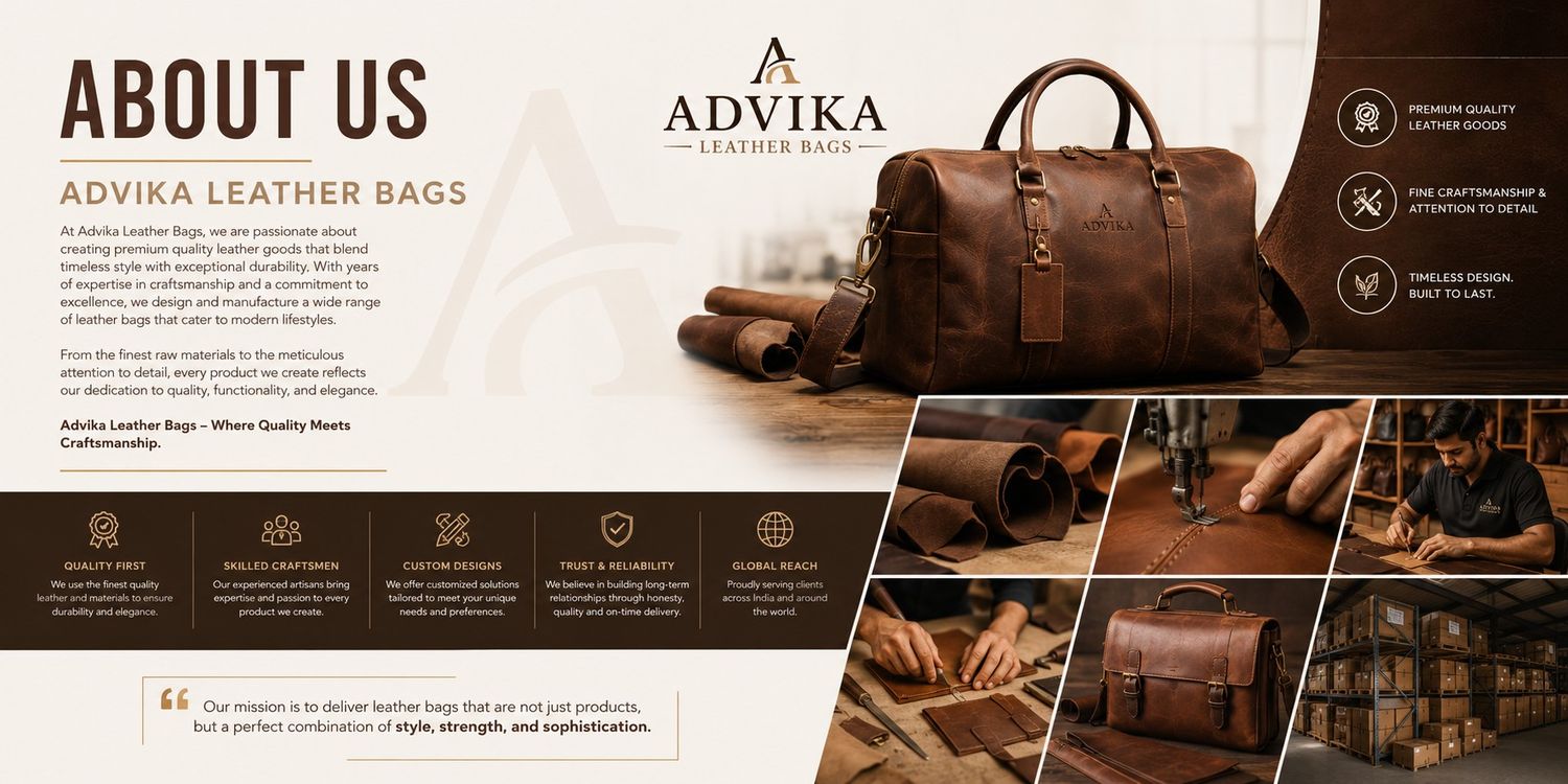 Premium handcrafted leather bag from Advika Leather Goods, showcasing smooth texture and timeless design