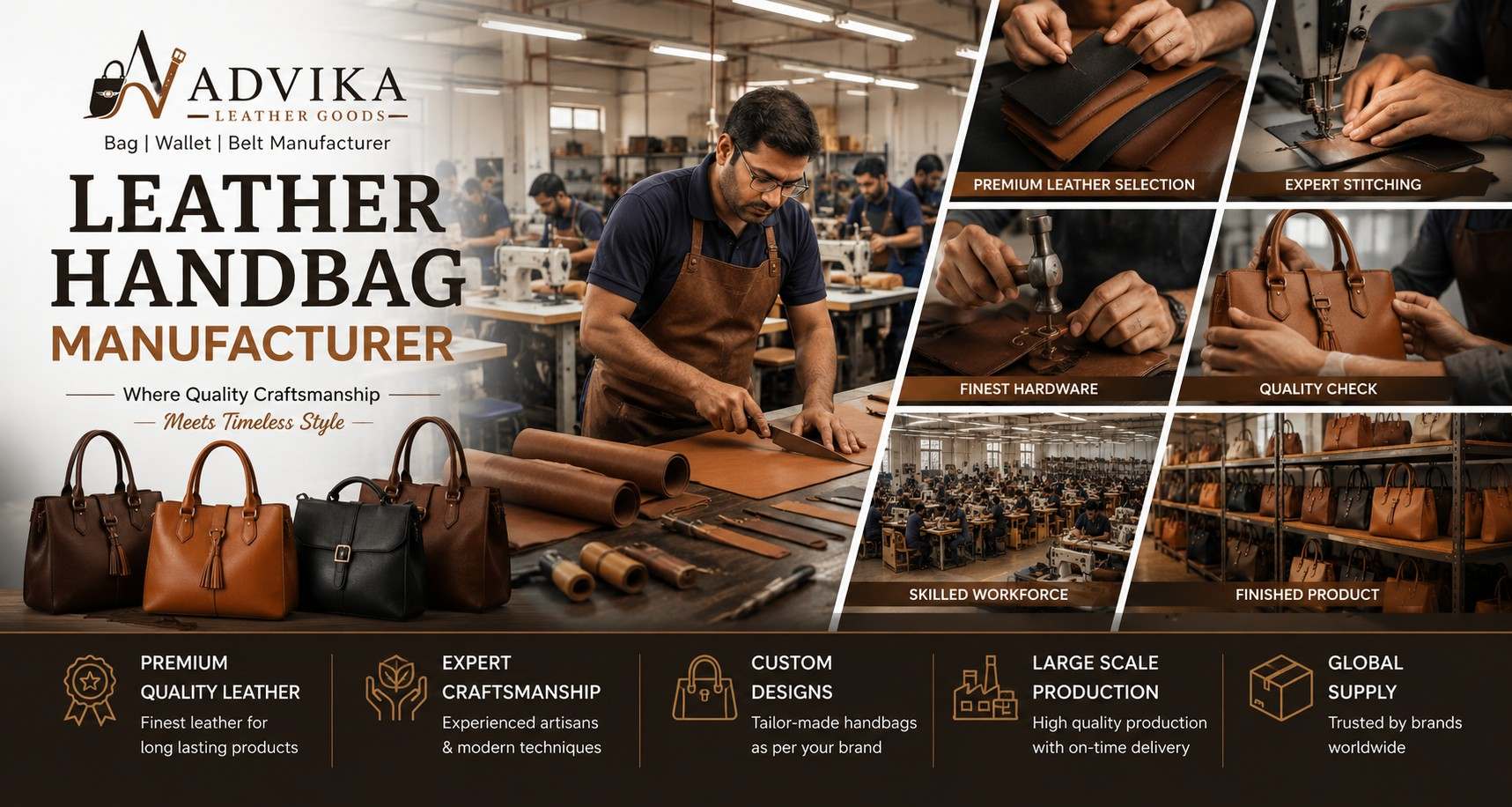 Premium leather handbag manufactured by Advika Leather Goods