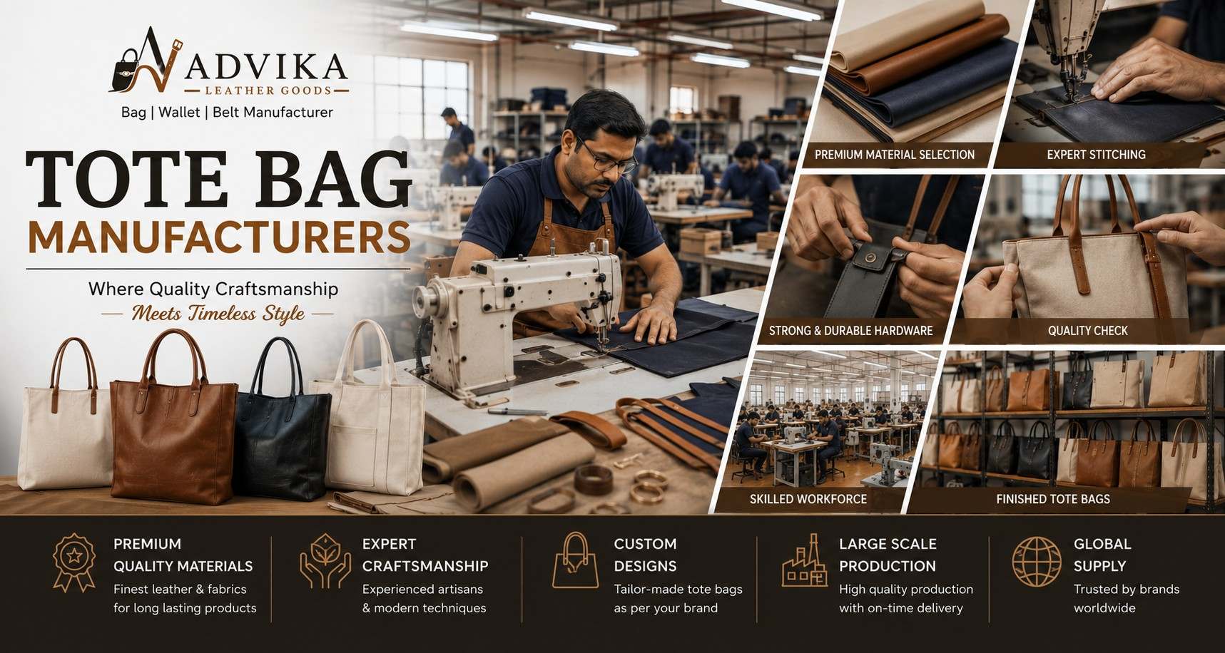 Custom leather tote bag manufactured by Advika Leather Goods